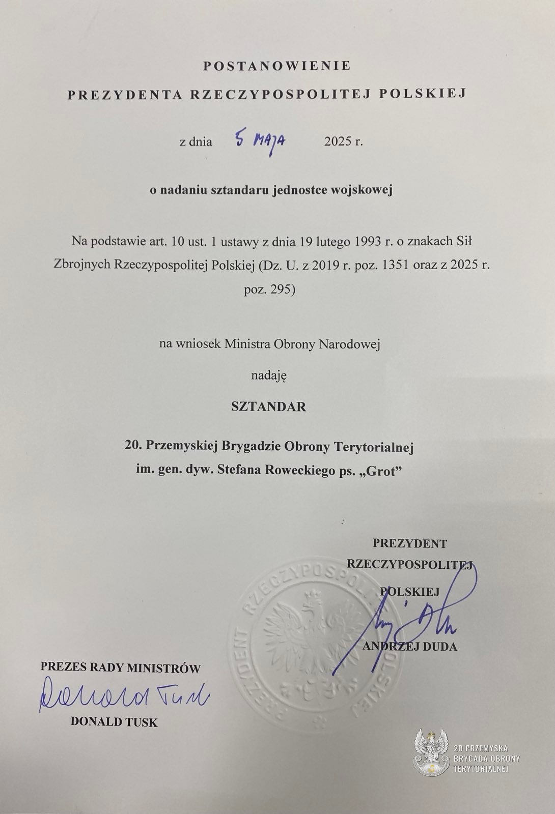 1746950624223 14 czerwca w Przemyślu wielkie święto terytorialsów - Prezydent RP nadał sztandar  20 Przemyskiej Brygadzie Obrony Terytorialnej